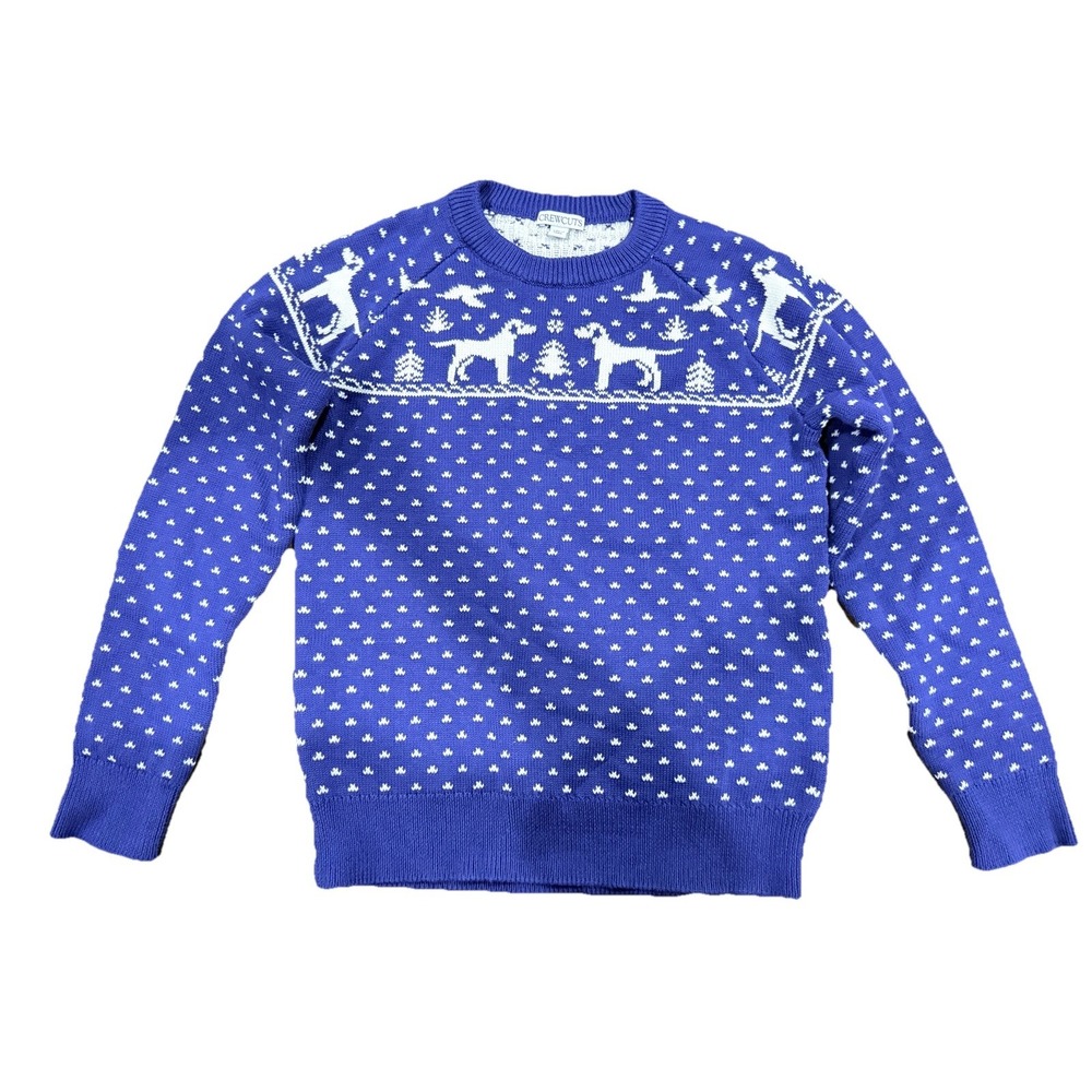 J Crew 100% Cotton Fair Isle Duck Lab Dog Christmas Hunting Sweater Blue Boys